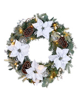 Pre-Lit Decorated Frosted Wreath, White/Silver, 60 cm