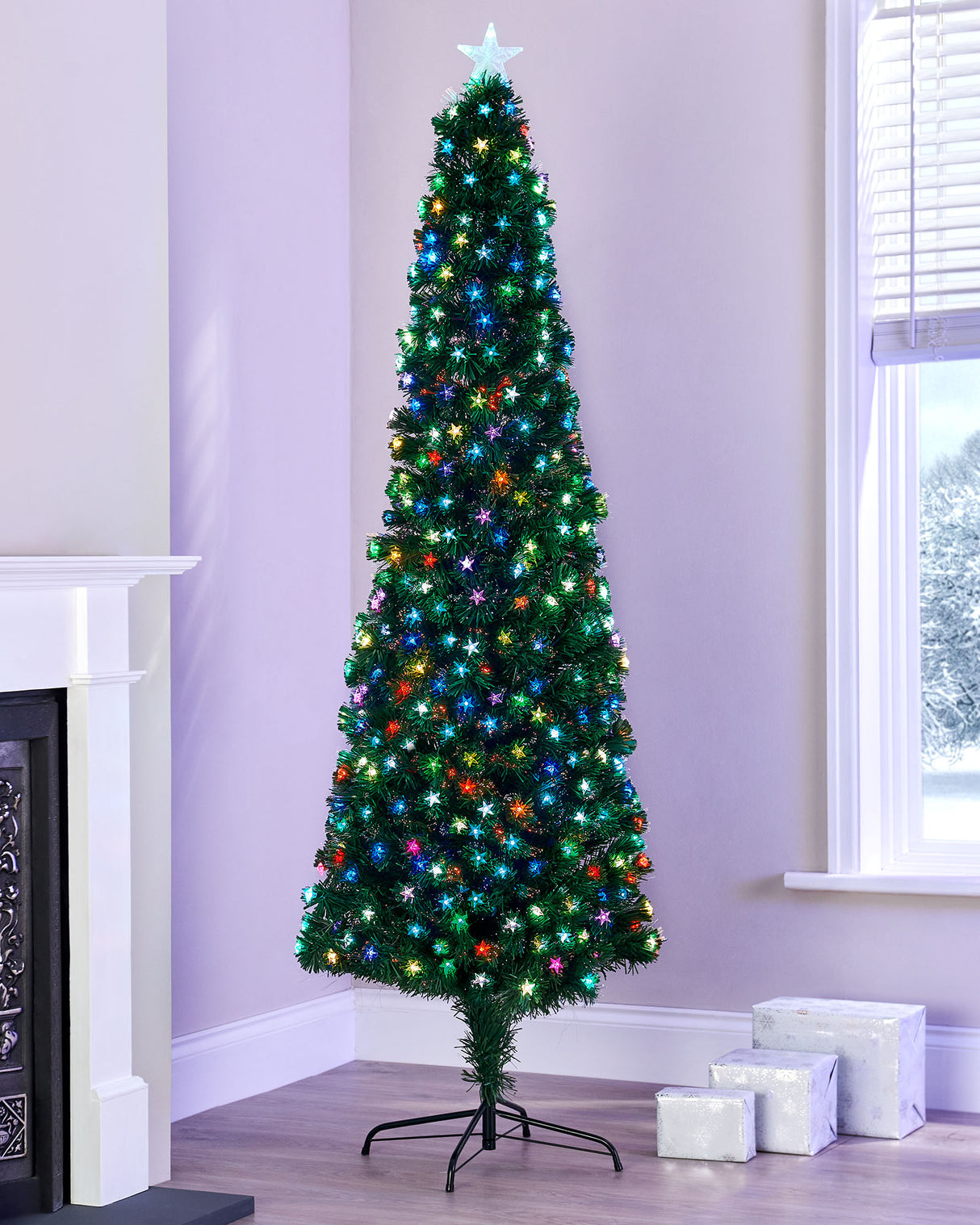 Pre-Lit Fibre Optic Pencil Christmas Tree with Multi-Coloured LED Stars