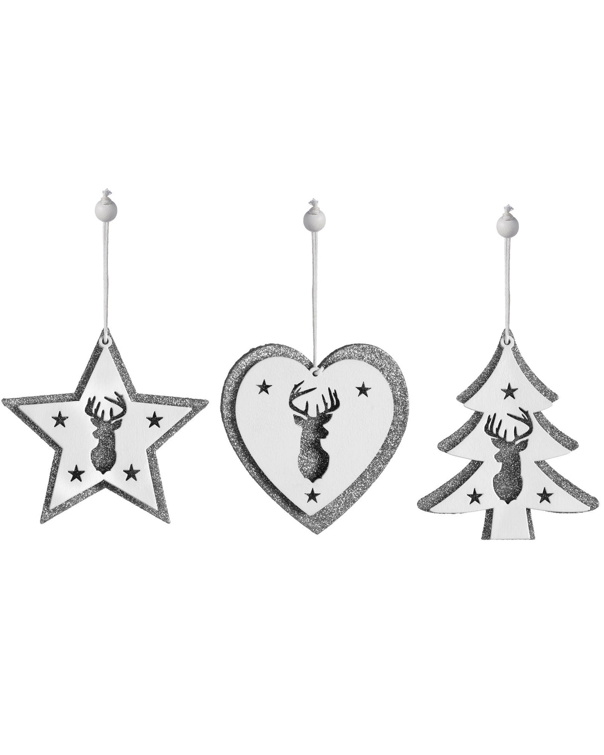 Set of 6 Hanging Christmas Decorations 9cm, Silver