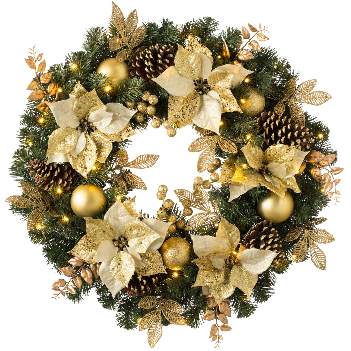 Pre-Lit Extra Thick Wreath, Cream/Gold, 76 cm