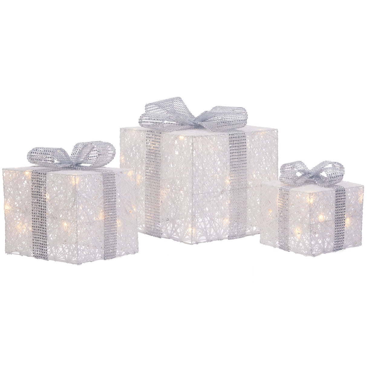 Set of 3 Pre-Lit Gift Boxes, White, 25 cm