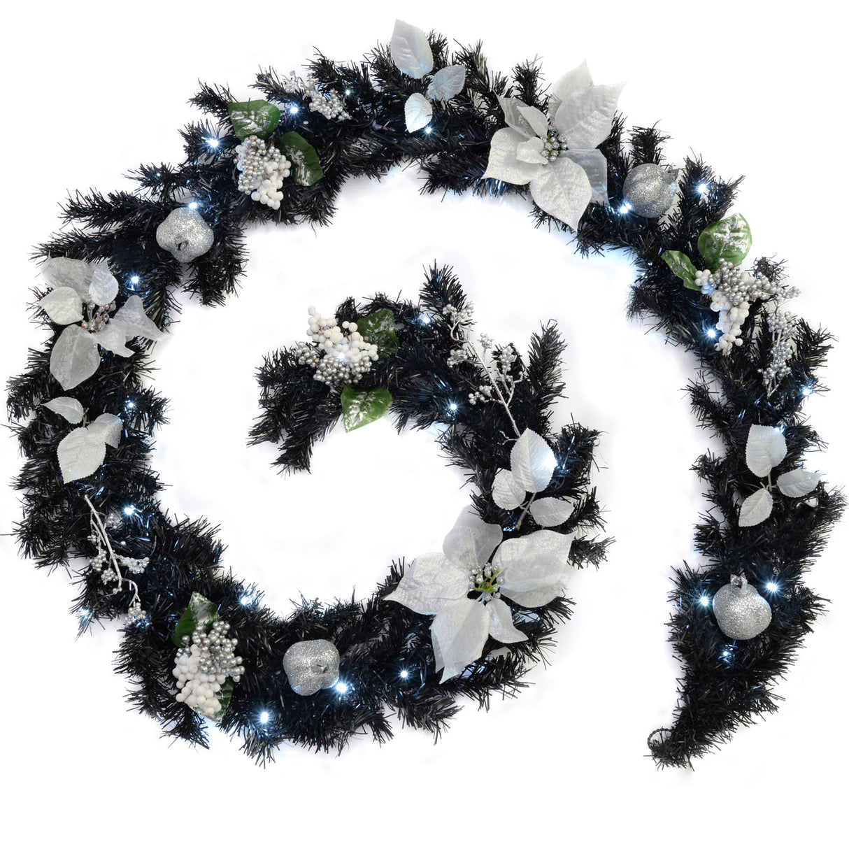 Pre-Lit Decorated Garland, Black/Silver, 9 ft