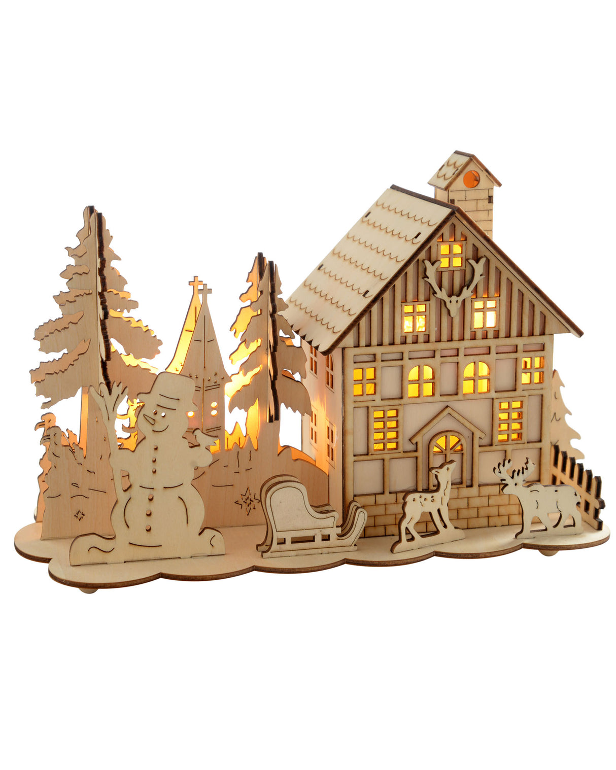 Pre-Lit Wooden House and Reindeer Scene, 28 cm