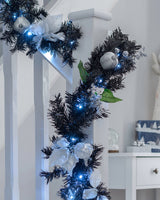 Pre-Lit Decorated Garland, Black/Silver, 9 ft