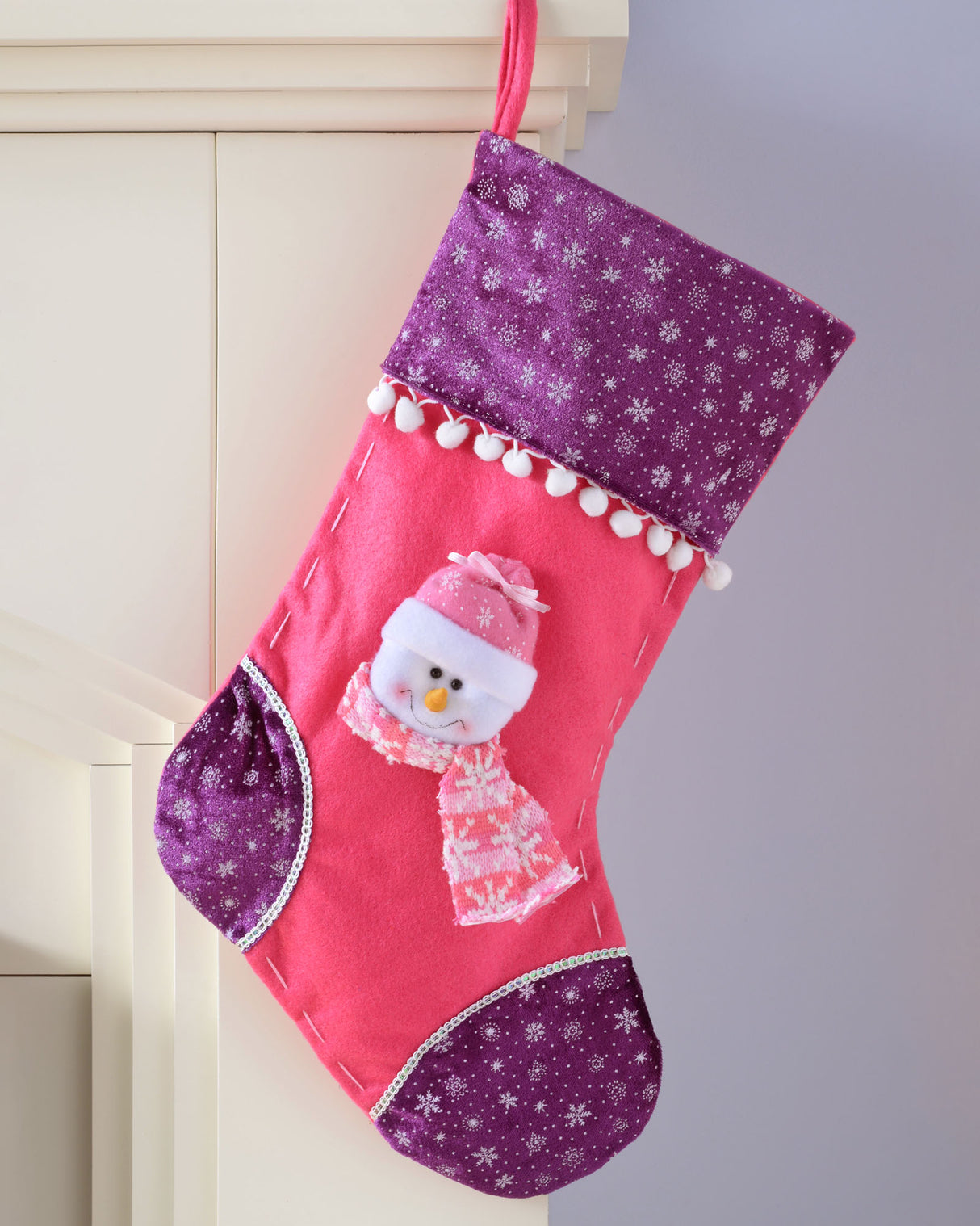 Snowman Stocking, Pink/Purple, 48 cm