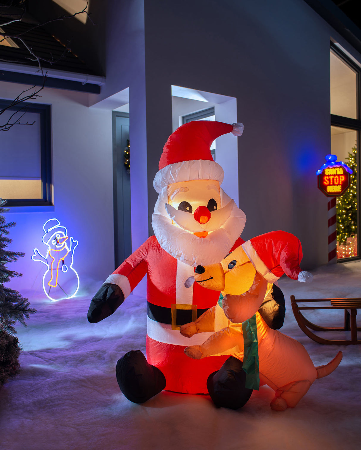 Pre-Lit Inflatable Santa with Dog, 4 ft