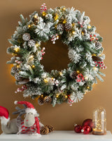 Pre-Lit Snow Flocked Extra Thick Wreath, Pinecones & Berries, 76 cm ...