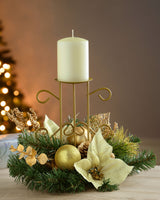 Decorated Table Centre Piece Candle Holder - Cream/ Gold, Single Pillar