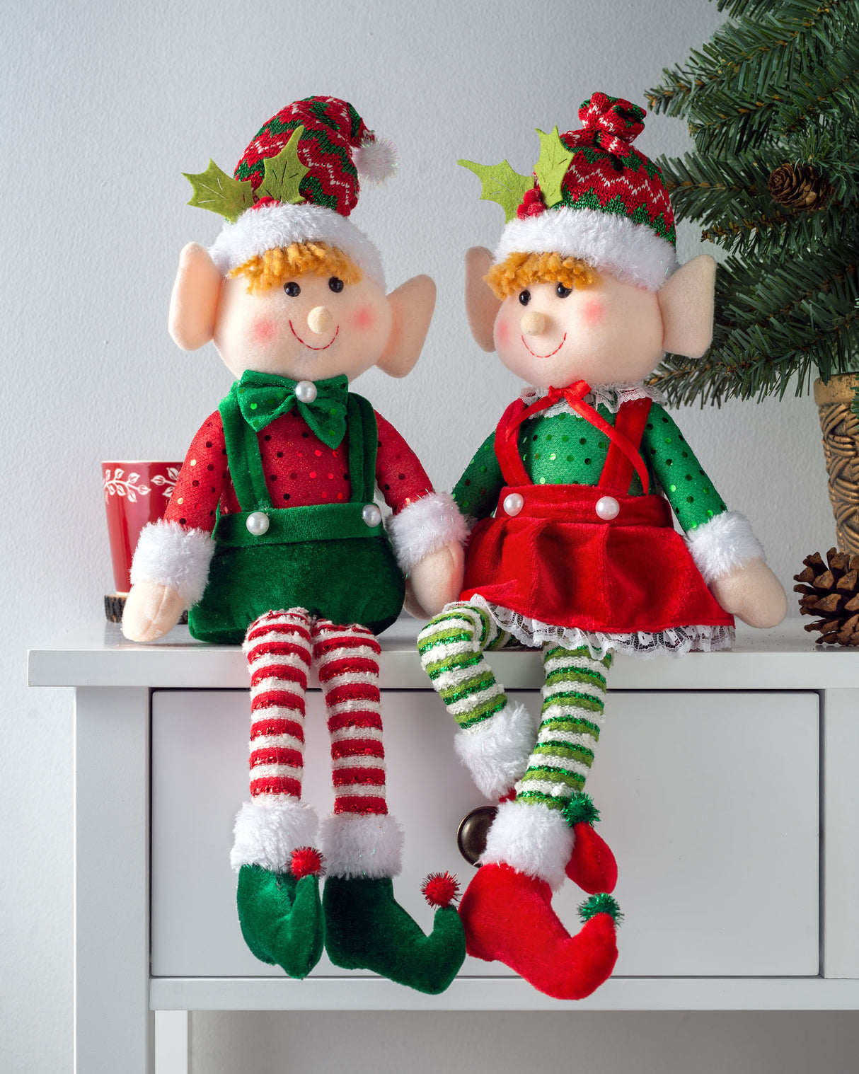 Set of 2 Sitting Elf Figurines, 46 cm