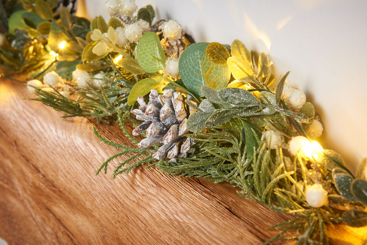 Pre-Lit Frosted Eucalyptus Garland, 9 ft