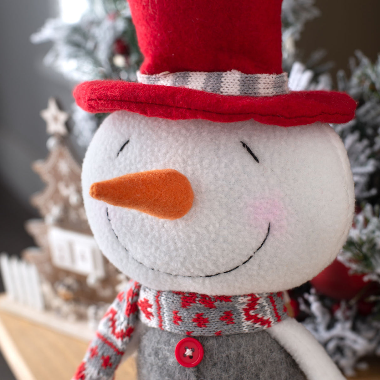 Sitting Snowman Figurine, Red and Grey, 33 cm