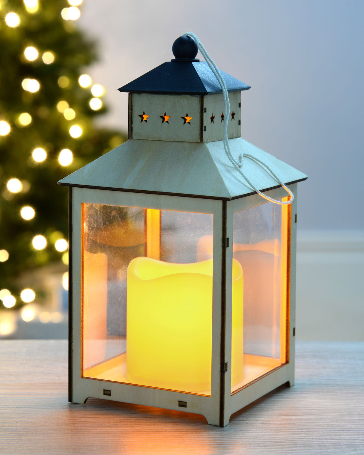 Pre-Lit Wooden Lantern with Flickering LED Candle Christmas Decoration, 21.5 cm