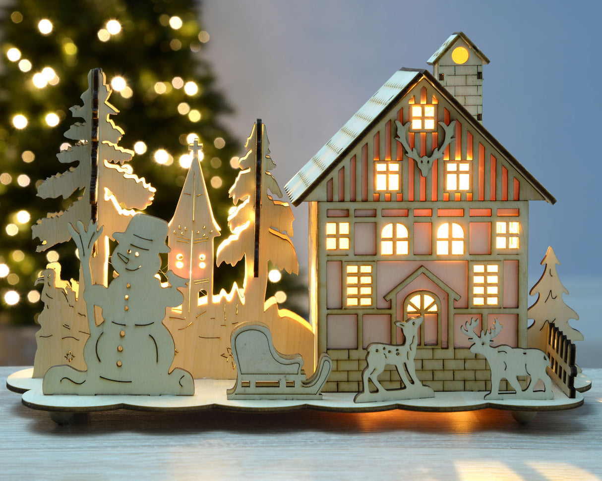 Pre-Lit Wooden House and Reindeer Scene, 28 cm